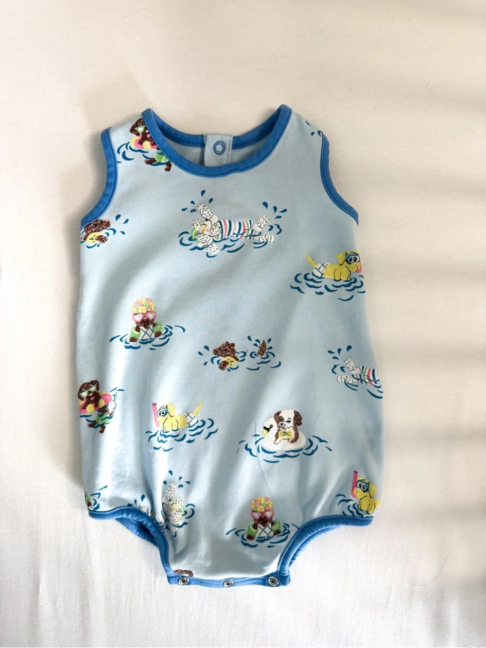 TBBC Baby Sleeveless One-Piece Romper in Light Blue with Cute Puppy Swim Print